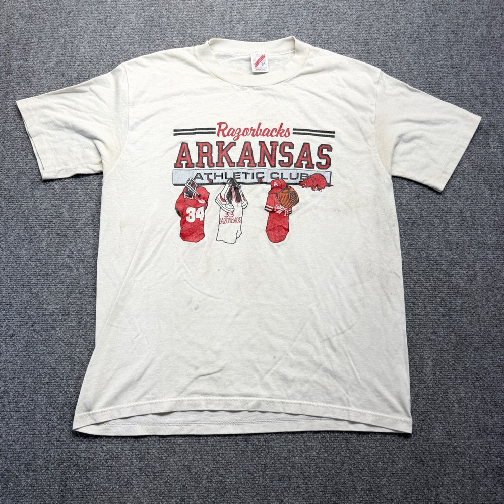Vintage Jerzees Arkansas Razorbacks Athletic Club T-Shirt Mens L White USA Made
